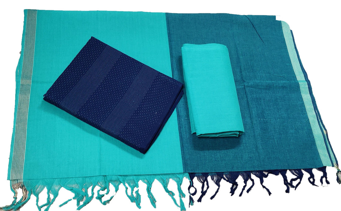 Punekar Cotton 100% Handloom Cotton Navy Blue &amp; Sky Blue Color Women Dress Unstitched Fabric - Punekar Cotton