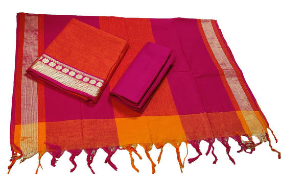 Punekar Cotton 100% Handloom Cotton Orange And Pink Color Women Dress Unstitched Fabric - Punekar Cotton