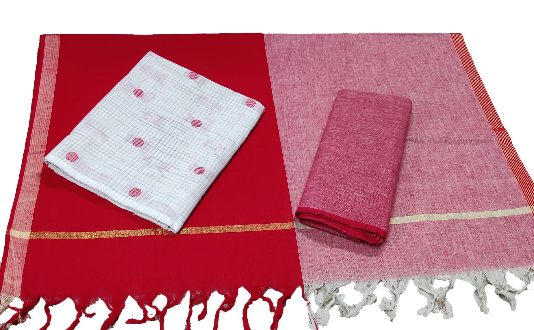 Punekar Cotton 100% Handloom Cotton Red &amp; White Color Women Dress Unstitched Fabric - Punekar Cotton