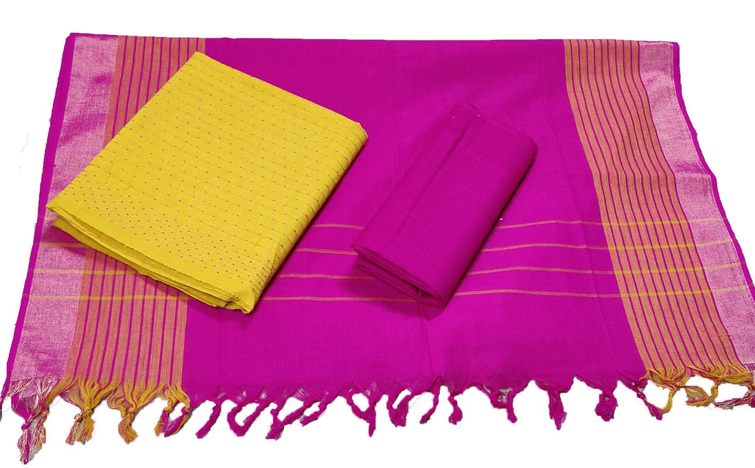 Punekar Cotton 100% Handloom Cotton Yellow &amp; Pink Color Women Dress Unstitched Fabric - Punekar Cotton