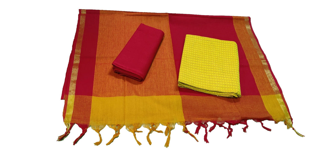 Punekar Cotton 100% Handloom Cotton Yellow &amp; Red Color Women Dress Unstitched Fabric - Punekar Cotton