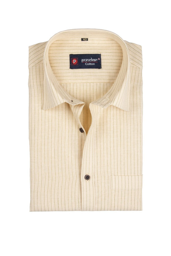 Punekar Cotton Cream Color Linning Criss Cross Woven Cotton Shirt for Men's. - Punekar Cotton