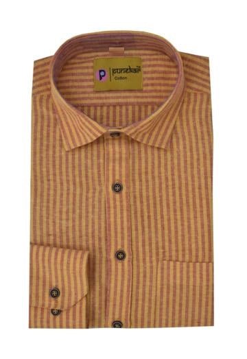 Punekar Cotton Handmade Yellow Color Full Sleeves Lining Formal Shirt for Men's. - Punekar Cotton