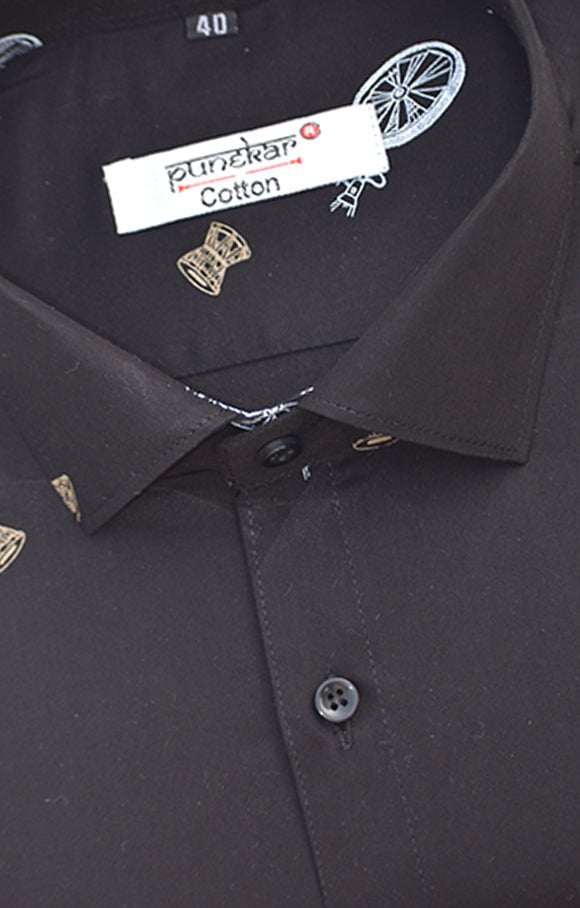 Punekar Cotton Printed Solid Black Color Pure Cotton Handmade Shirt For Men&