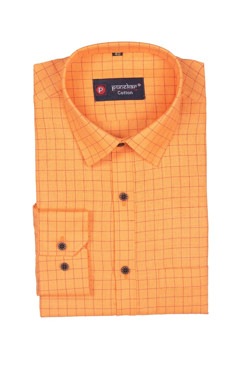 Punekar Cotton Tenn Orange Color Check Criss Cross Woven Cotton Shirt for Men&