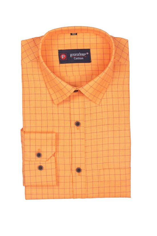 Punekar Cotton Tenn Orange Color Check Criss Cross Woven Cotton Shirt for Men's. - Punekar Cotton