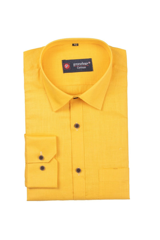 Punekar Cotton Yellow Color Silky Linen Cotton Shirt for Men's. - Punekar Cotton