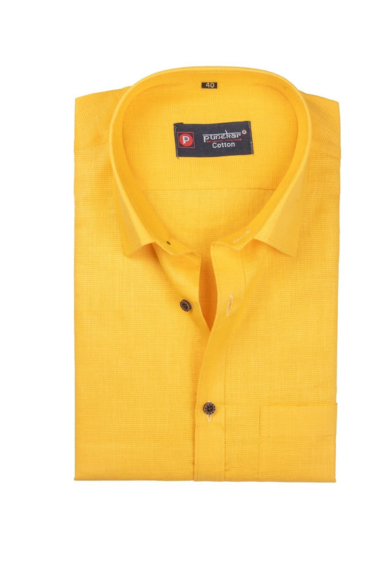 Punekar Cotton Yellow Color Silky Linen Cotton Shirt for Men's. - Punekar Cotton