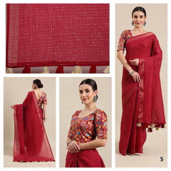 Red Color Sequence Silk Border Cotton Blend Saree. - Punekar Cotton