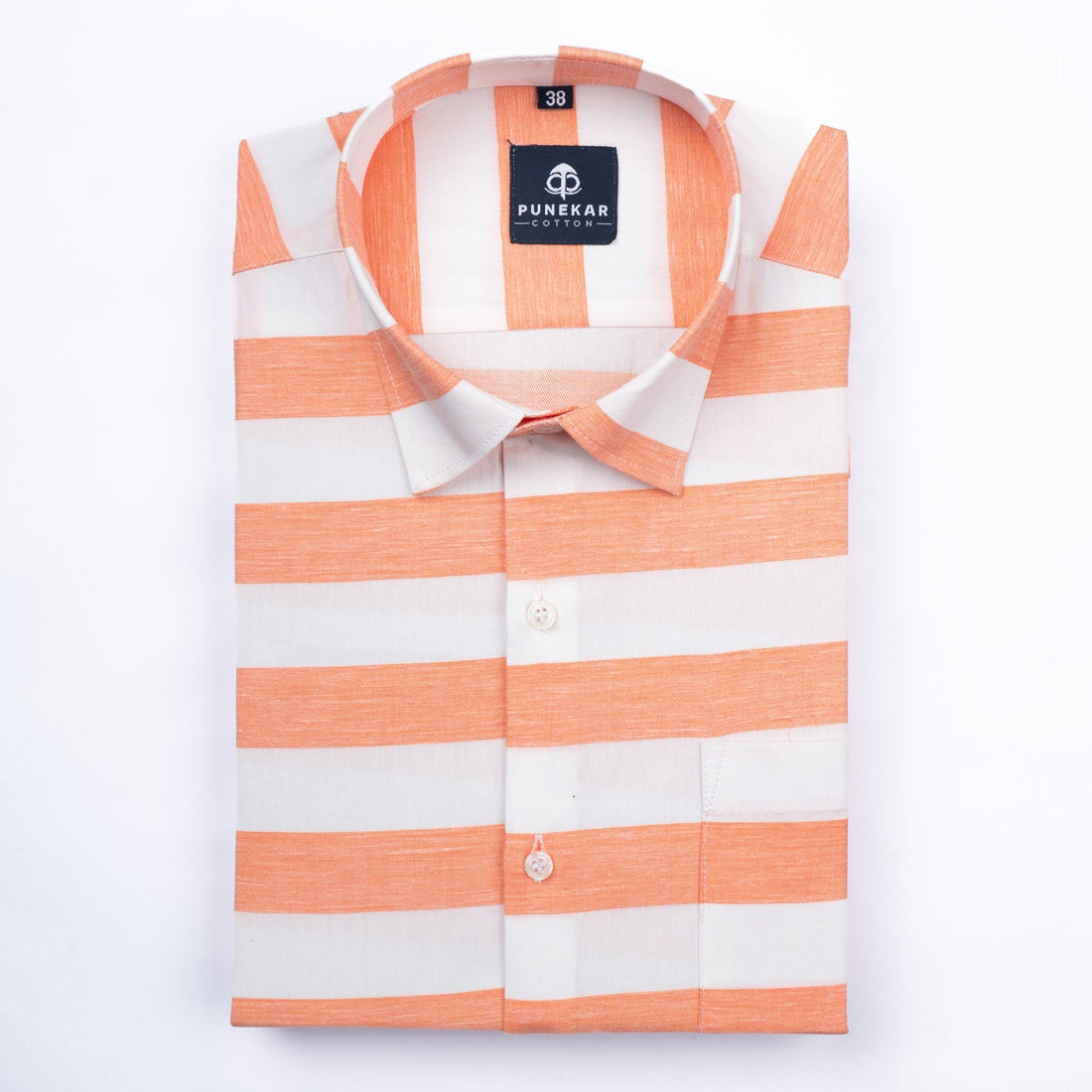 Salmon Orange Color Cotton Stripe Shirt For Men - Punekar Cotton