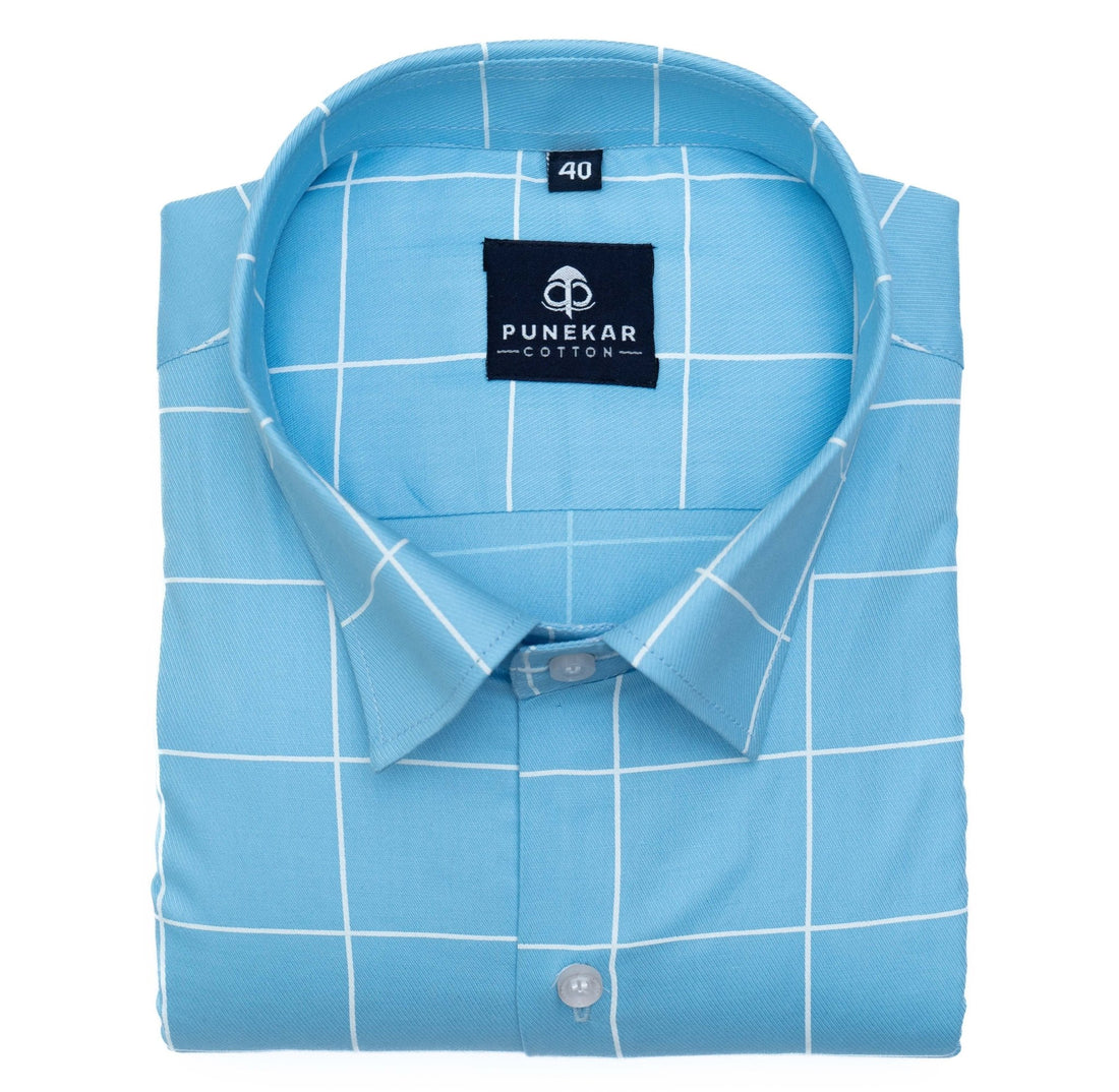 Sky Blue Color Big Checks Cotton Shirts For Men - Punekar Cotton