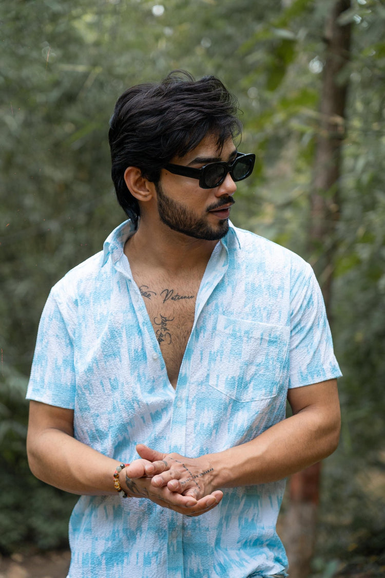 Sky Blue Popcorn Printed Shirt For Men - Punekar Cotton