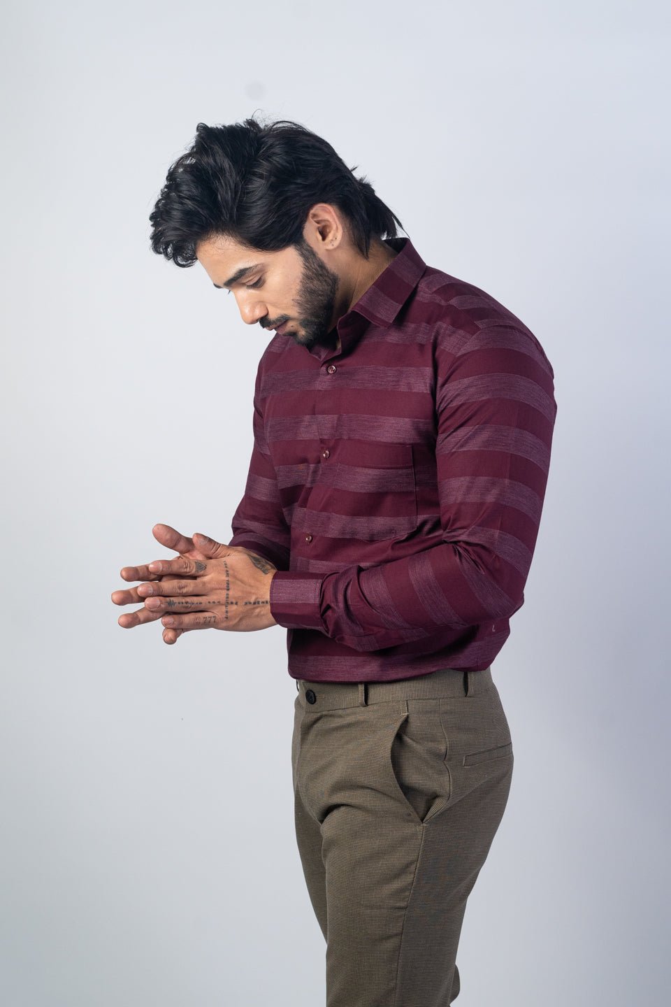 Wine Red Color Cotton Stripe Shirt For Men - Punekar Cotton