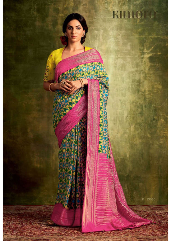 Yellow And Pink Color Chenderi Silk Sarees - Punekar Cotton