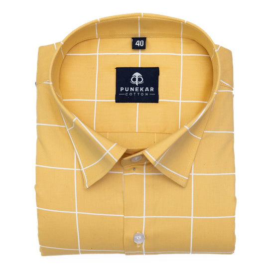 Yellow Color Big Checks Cotton Shirts For Men - Punekar Cotton